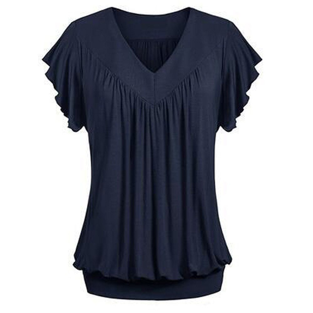 Solid Pleated V Neck T-Shirt for Women